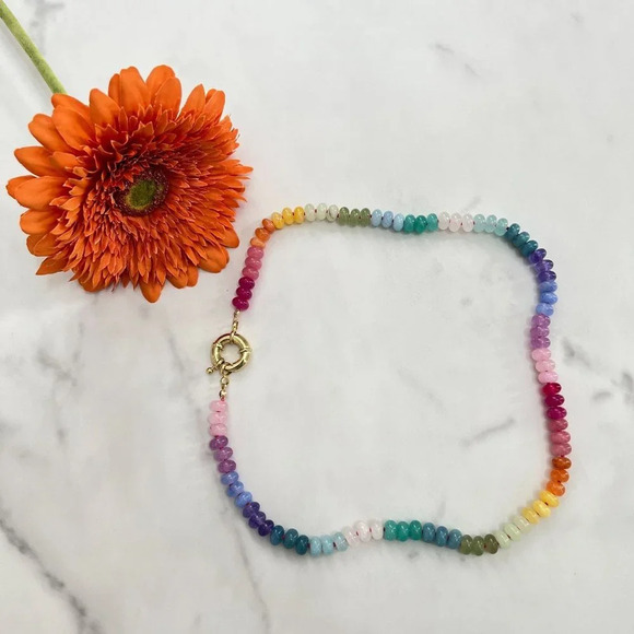 Rainbow Ombre Jade Gemstone Hand Knotted Bead Necklace, 14K Gold Filled Clasp - Picture 1 of 9
